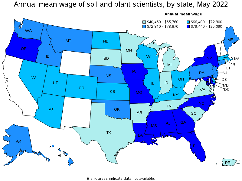 Map of annual mean wages of soil and plant scientists by state, May 2022