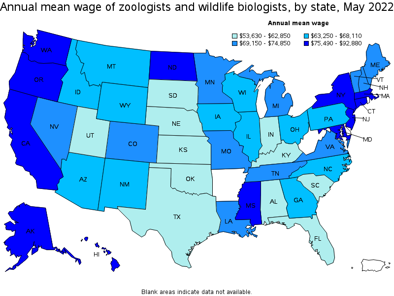Map of annual mean wages of zoologists and wildlife biologists by state, May 2022