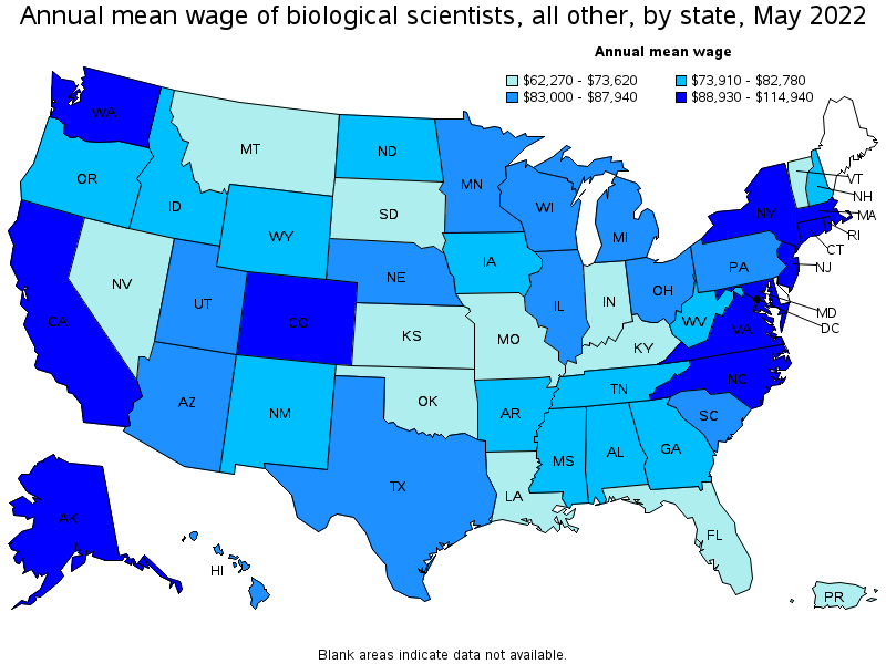 Map of annual mean wages of biological scientists, all other by state, May 2022