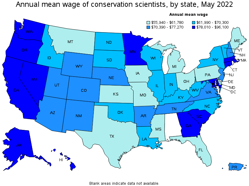 Map of annual mean wages of conservation scientists by state, May 2022