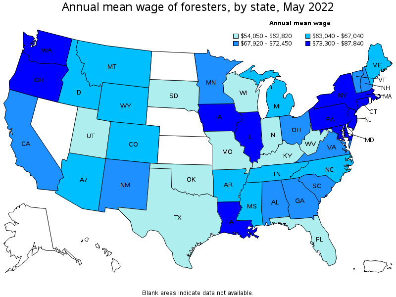 Map of annual mean wages of foresters by state, May 2022