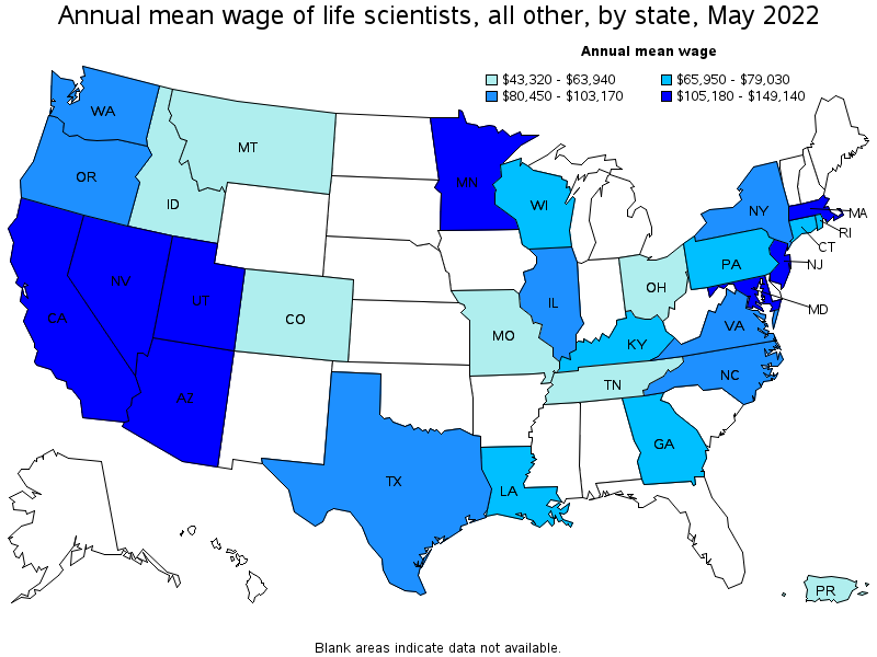 Map of annual mean wages of life scientists, all other by state, May 2022