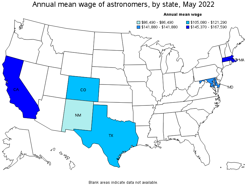 Map of annual mean wages of astronomers by state, May 2022