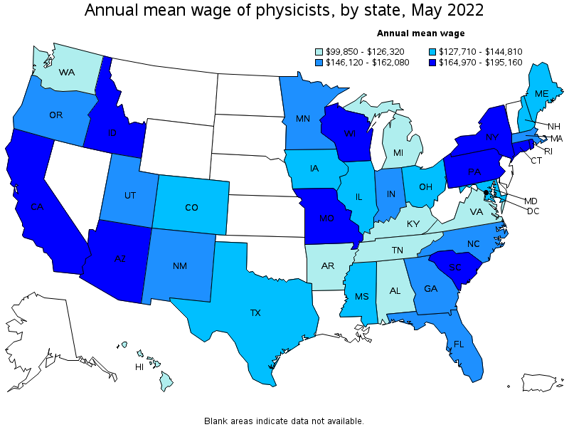 Map of annual mean wages of physicists by state, May 2022
