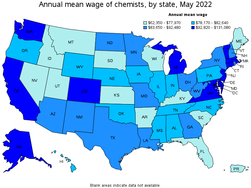 Map of annual mean wages of chemists by state, May 2022