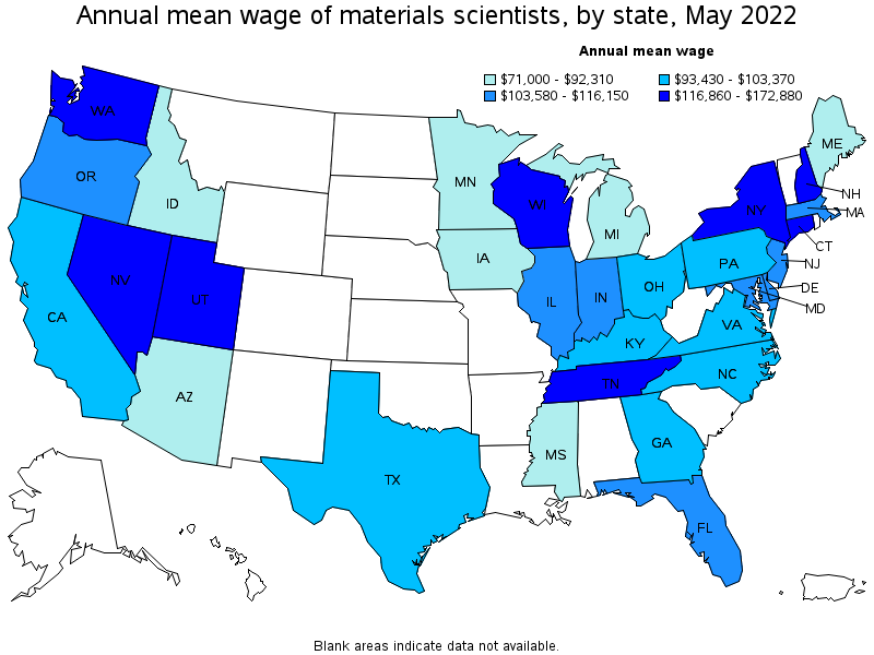 Map of annual mean wages of materials scientists by state, May 2022