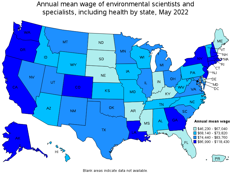 Map of annual mean wages of environmental scientists and specialists, including health by state, May 2022