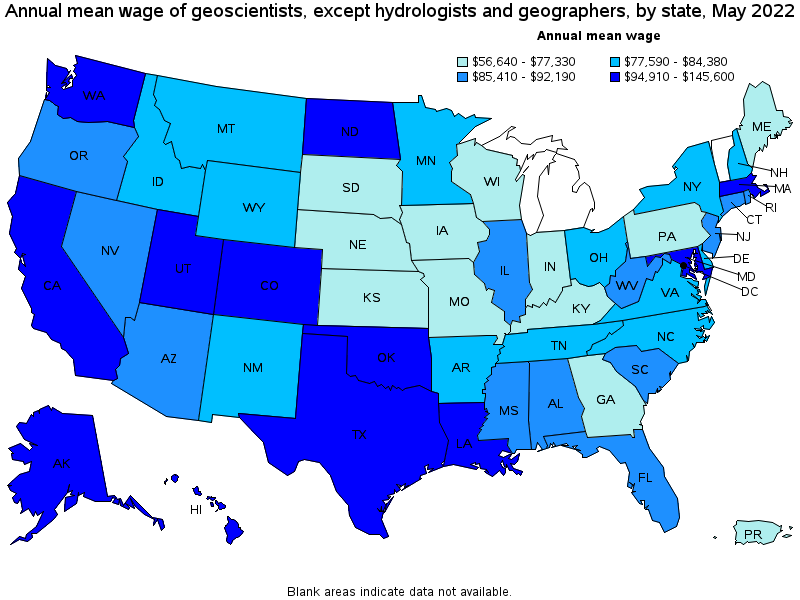 Map of annual mean wages of geoscientists, except hydrologists and geographers by state, May 2022