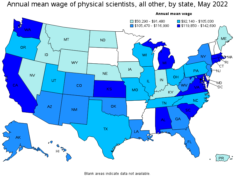 Map of annual mean wages of physical scientists, all other by state, May 2022