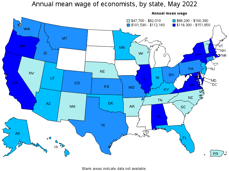 Map of annual mean wages of economists by state, May 2022