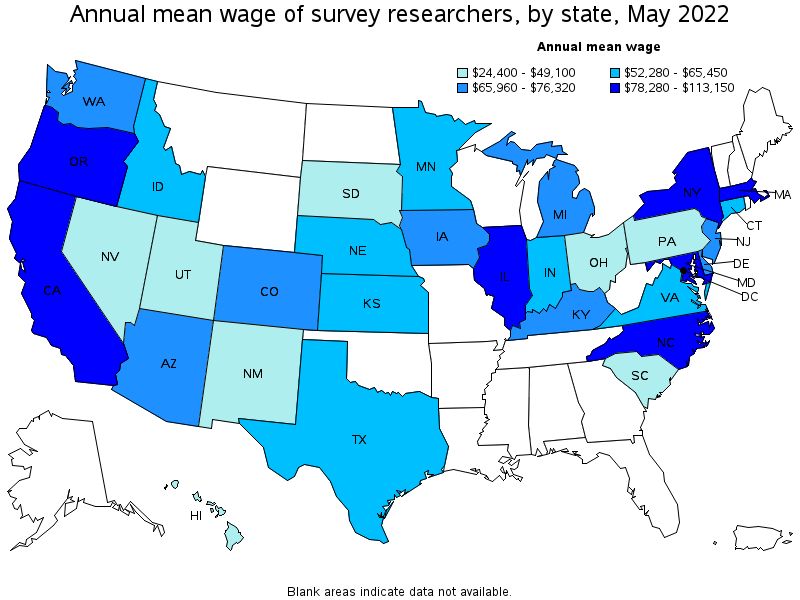 Map of annual mean wages of survey researchers by state, May 2022