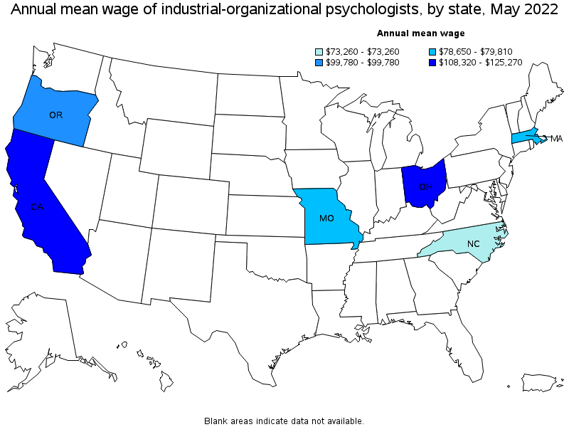Map of annual mean wages of industrial-organizational psychologists by state, May 2022