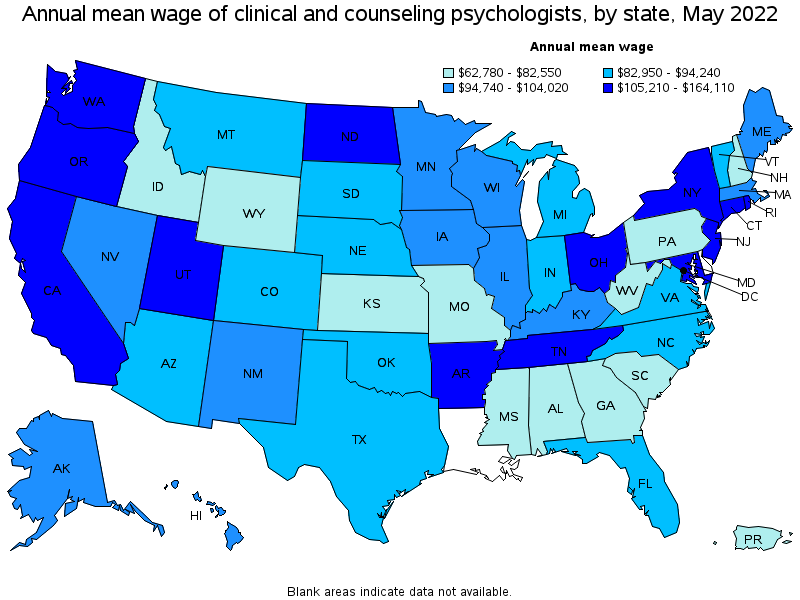 Map of annual mean wages of clinical and counseling psychologists by state, May 2022