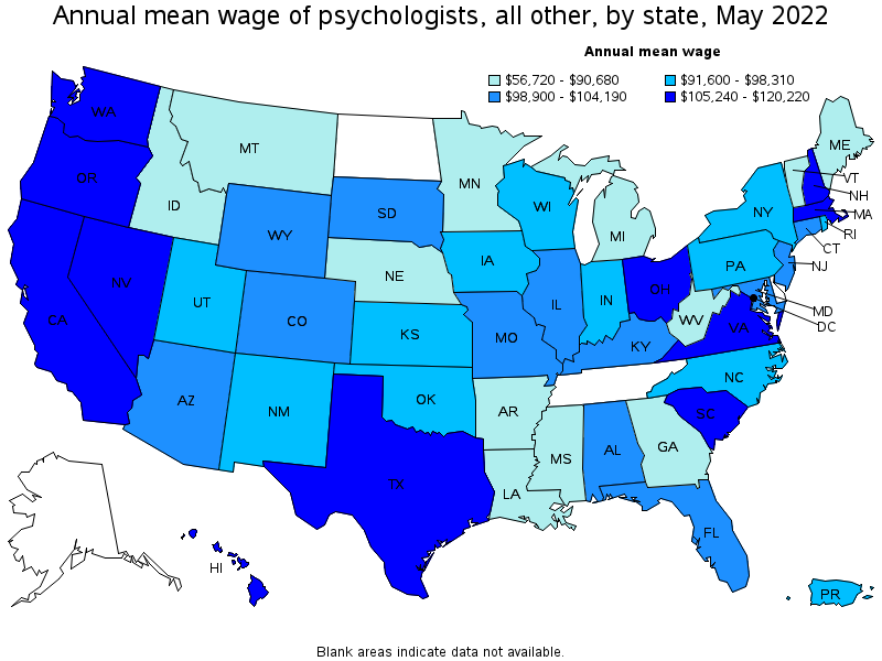 Map of annual mean wages of psychologists, all other by state, May 2022