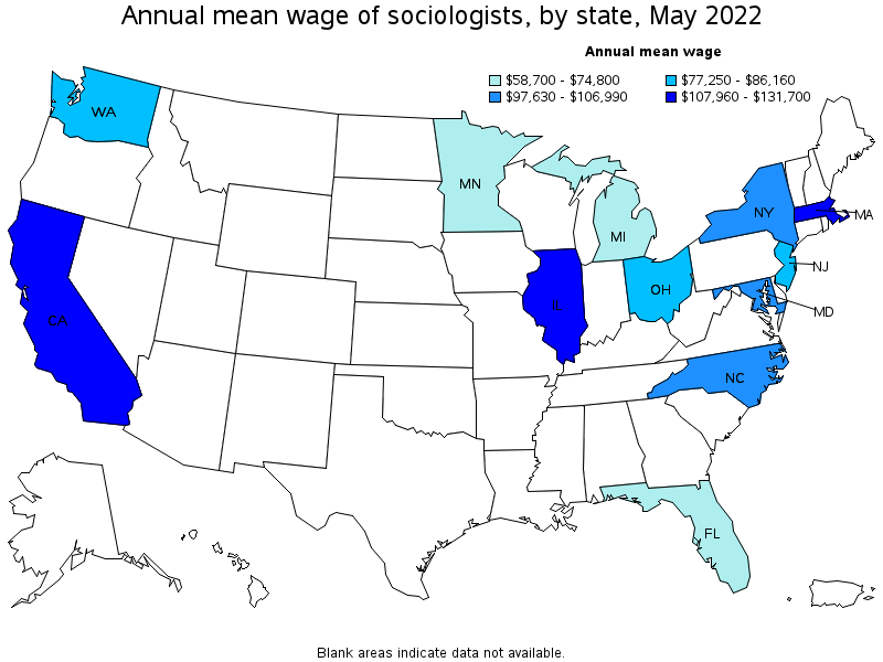 Map of annual mean wages of sociologists by state, May 2022