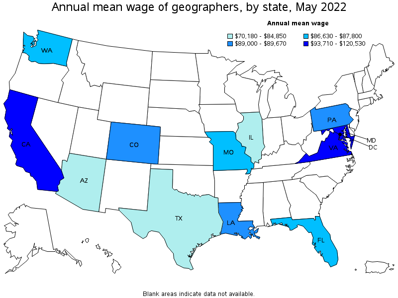 Map of annual mean wages of geographers by state, May 2022
