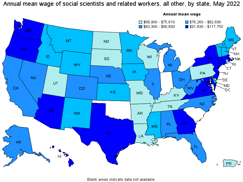 Map of annual mean wages of social scientists and related workers, all other by state, May 2022