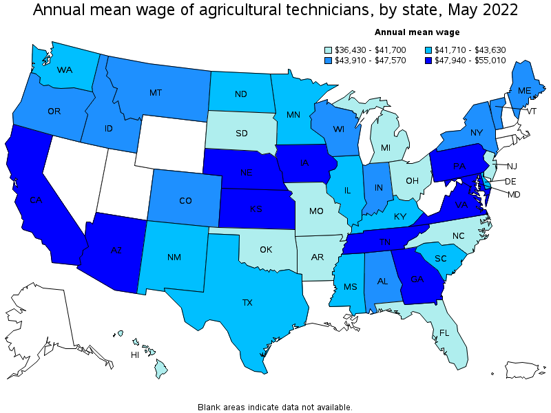 Map of annual mean wages of agricultural technicians by state, May 2022