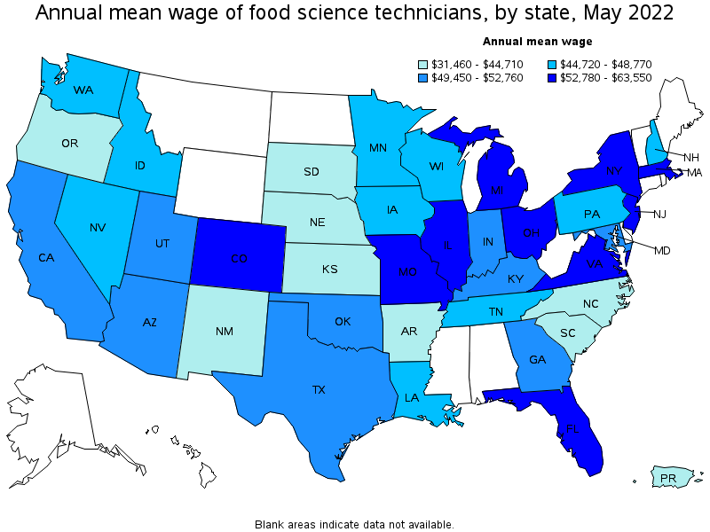 Map of annual mean wages of food science technicians by state, May 2022