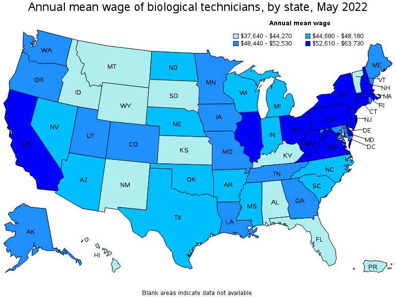 Map of annual mean wages of biological technicians by state, May 2022