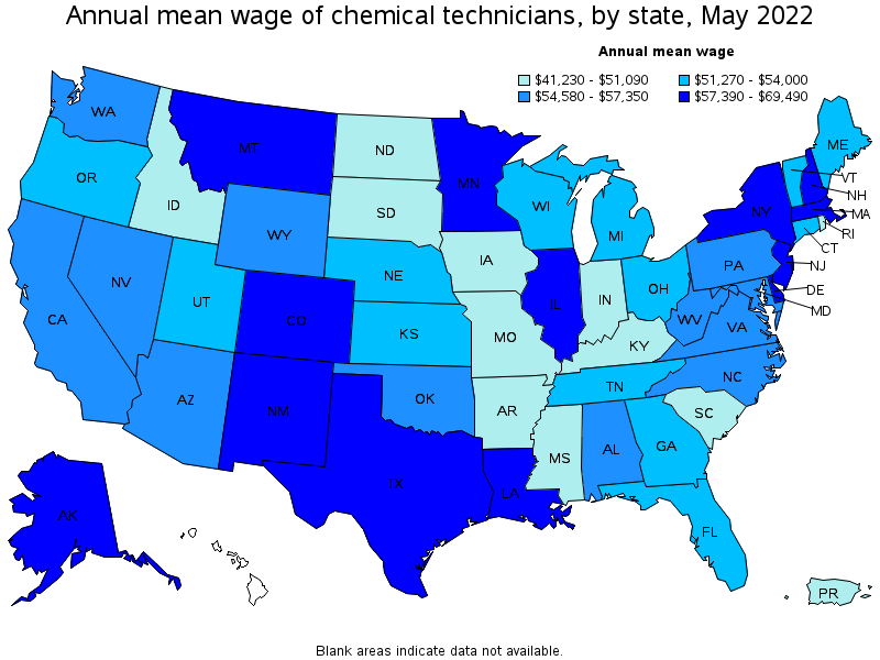 Map of annual mean wages of chemical technicians by state, May 2022