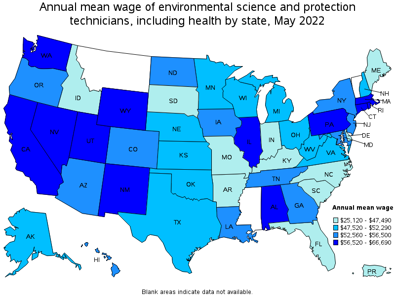 Map of annual mean wages of environmental science and protection technicians, including health by state, May 2022