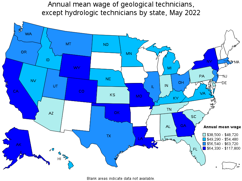 Map of annual mean wages of geological technicians, except hydrologic technicians by state, May 2022