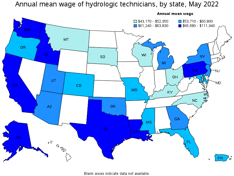 Map of annual mean wages of hydrologic technicians by state, May 2022