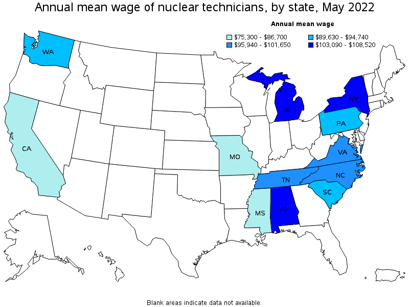 Map of annual mean wages of nuclear technicians by state, May 2022
