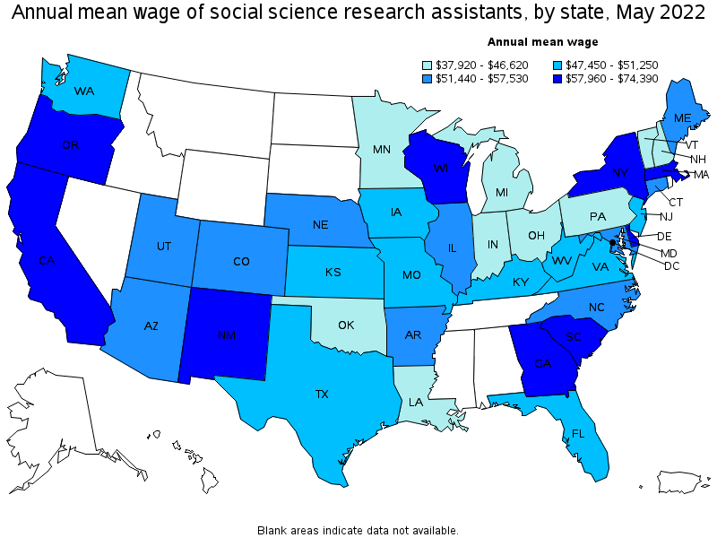 Map of annual mean wages of social science research assistants by state, May 2022