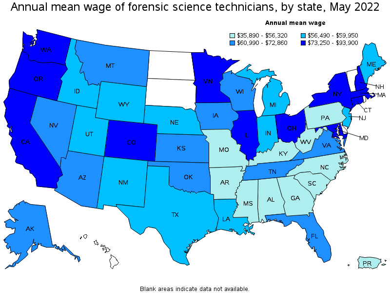 Map of annual mean wages of forensic science technicians by state, May 2022