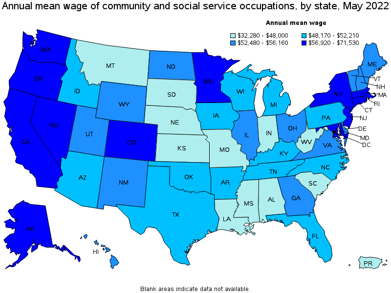 Map of annual mean wages of community and social service occupations by state, May 2022