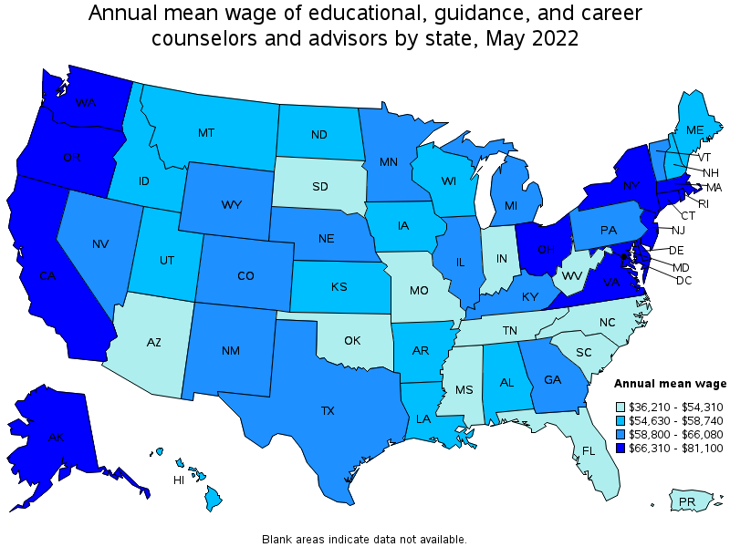 Map of annual mean wages of educational, guidance, and career counselors and advisors by state, May 2022