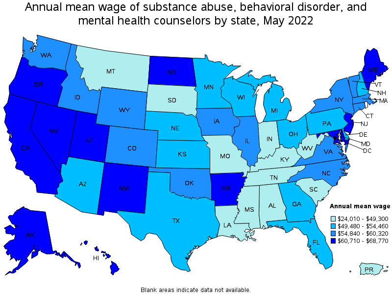 Map of annual mean wages of substance abuse, behavioral disorder, and mental health counselors by state, May 2022