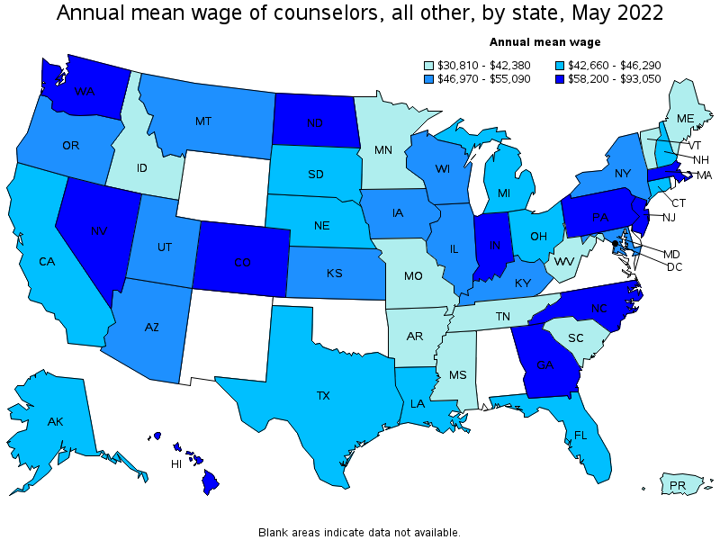 Map of annual mean wages of counselors, all other by state, May 2022