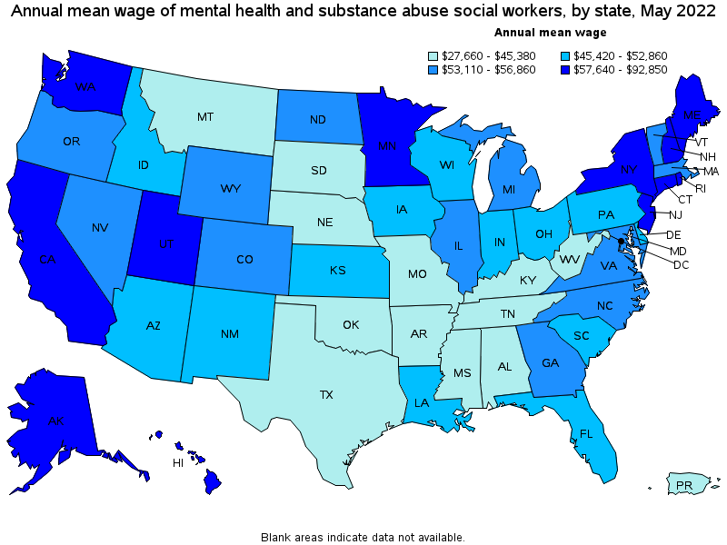 Map of annual mean wages of mental health and substance abuse social workers by state, May 2022