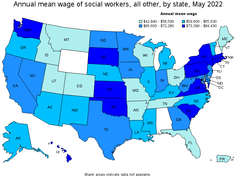 Map of annual mean wages of social workers, all other by state, May 2022