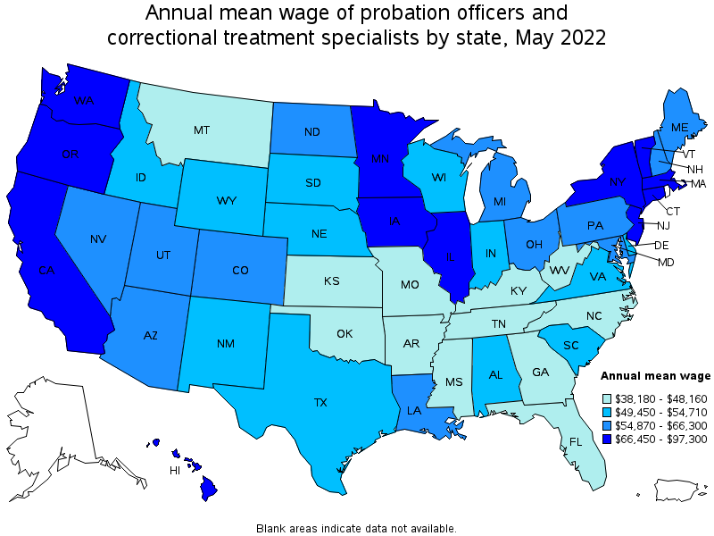 Map of annual mean wages of probation officers and correctional treatment specialists by state, May 2022