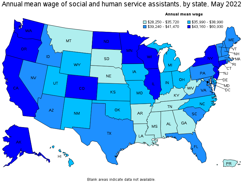 Map of annual mean wages of social and human service assistants by state, May 2022
