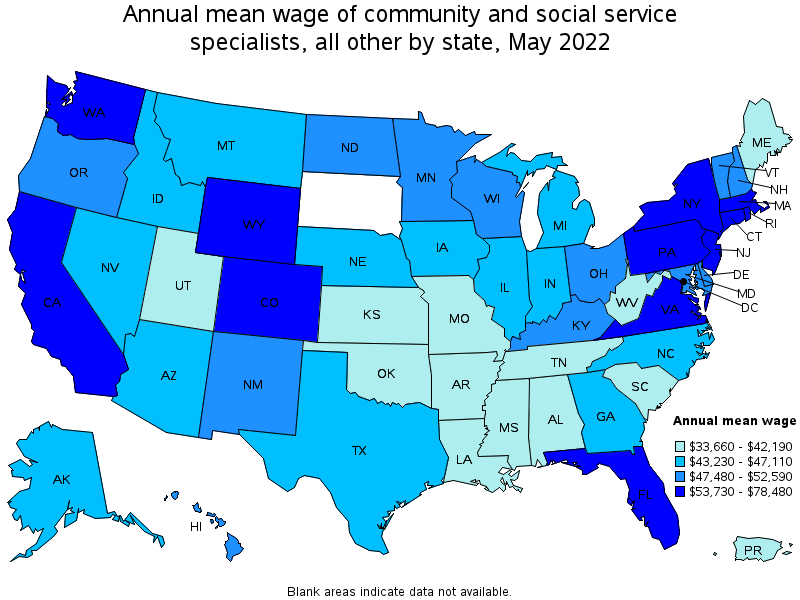 Map of annual mean wages of community and social service specialists, all other by state, May 2022