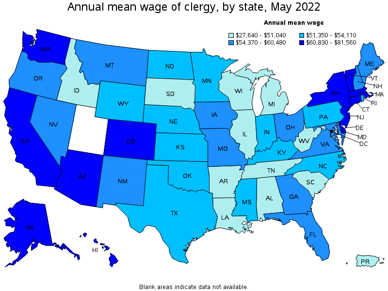 Map of annual mean wages of clergy by state, May 2022