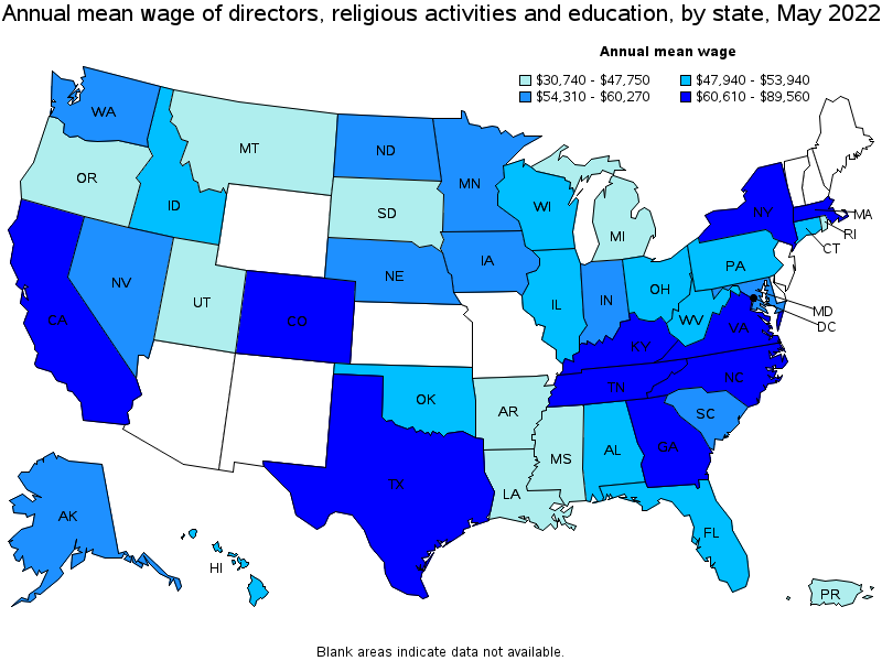 Map of annual mean wages of directors, religious activities and education by state, May 2022