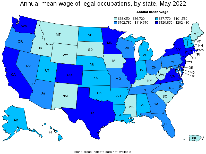 Map of annual mean wages of legal occupations by state, May 2022