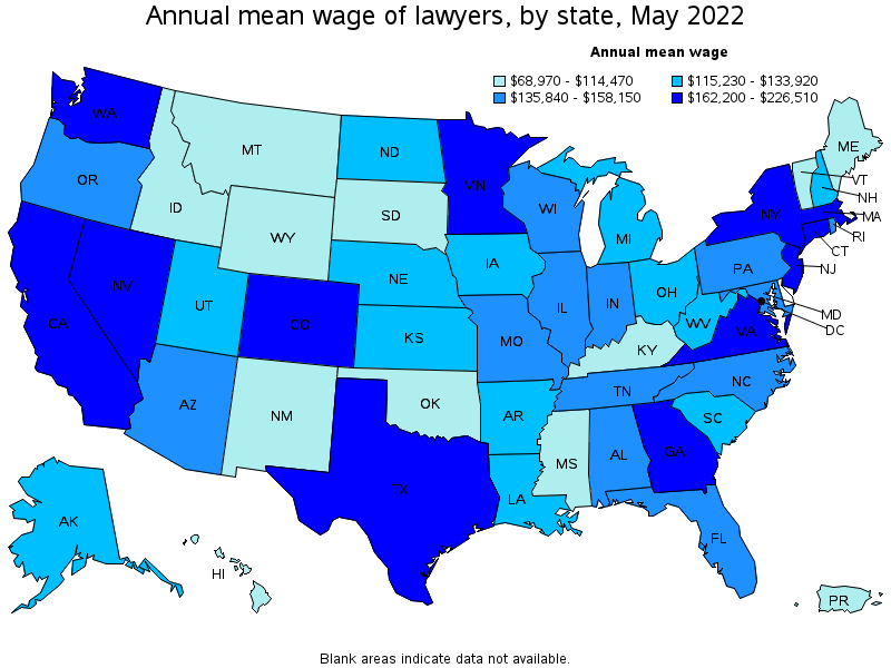 Map of annual mean wages of lawyers by state, May 2022