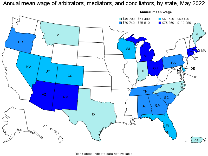 Map of annual mean wages of arbitrators, mediators, and conciliators by state, May 2022