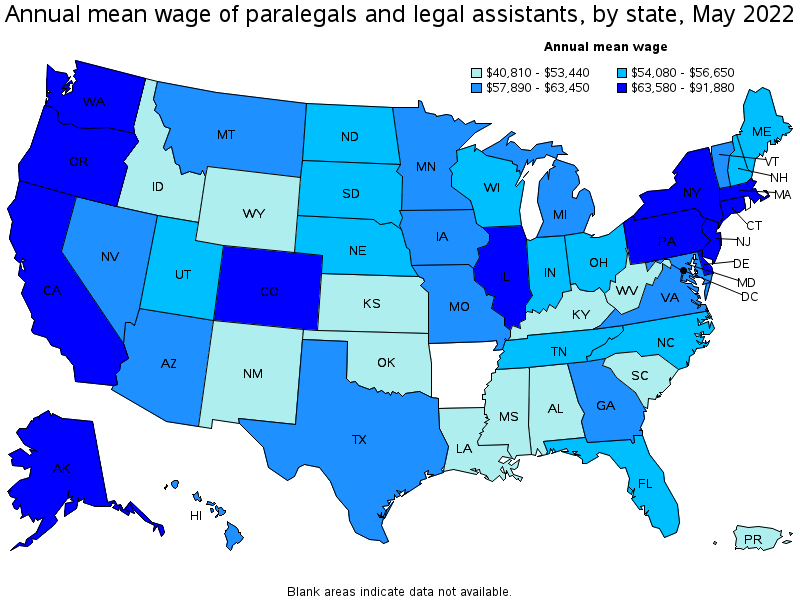 Map of annual mean wages of paralegals and legal assistants by state, May 2022