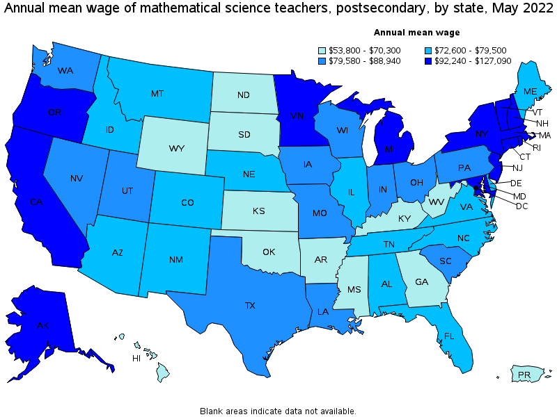 Map of annual mean wages of mathematical science teachers, postsecondary by state, May 2022