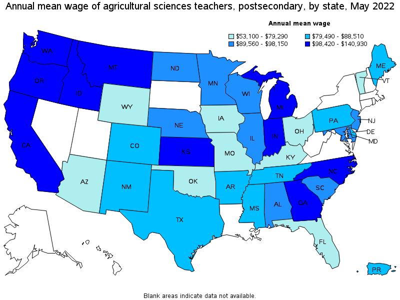 Map of annual mean wages of agricultural sciences teachers, postsecondary by state, May 2022