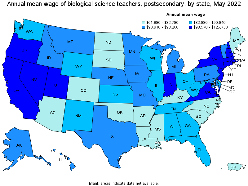 Map of annual mean wages of biological science teachers, postsecondary by state, May 2022