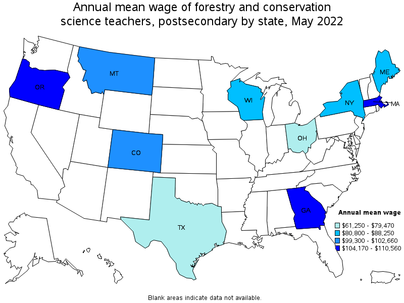 Map of annual mean wages of forestry and conservation science teachers, postsecondary by state, May 2022